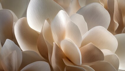 Close-up of delicate, layered, light beige and cream flower petals