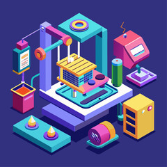 A colorful drawing of a factory with a machine that says "3D printer" on it. The drawing is full of bright colors and has a playful, creative vibe