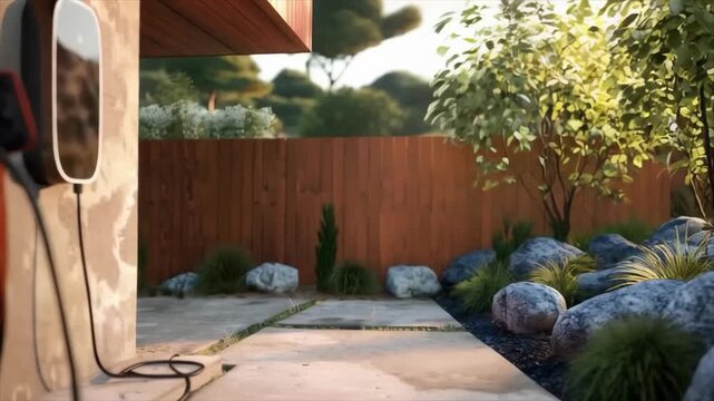 An electric car is charging from a home station at a modern house. Suitable for articles on green energy, eco-friendly transport, innovations in urban infrastructure, and smart home technology reviews