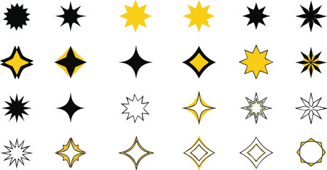 A collection of various star and diamond-shaped graphic elements in different colors and styles.
