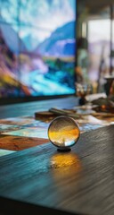 Fototapeta premium Round, reflective orb on a wooden surface, in front of a blurry landscape TV