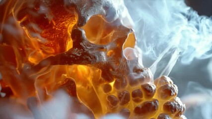 Close-up of a skull in smoke with bubbles and steam. Suitable for culinary blogs, articles on confectionery art, candy production, and dessert preparation processes.
 - Powered by Adobe
