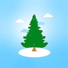 winter scene with pine tree, clouds and falling snow