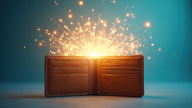 Billetera abierta emitiendo rayos de luz brillante, envueltos por un halo de chispas luminosas, que simbolizan abundantes ahorros