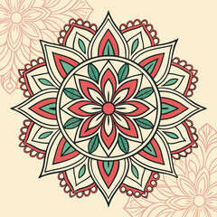 Illustration of decorative mandala with numerous petals in red and teal colors, set against a soft beige background with subtle floral outlines