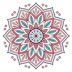 Illustration of intricate pink and teal mandala pattern with floral elements and dots