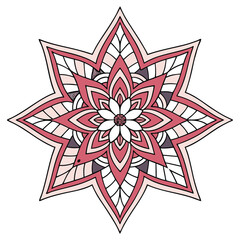 Illustration of intricate pink and red mandala star pattern, , symbolizing spiritual growth and inner peace