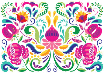 Mexican flower traditional pattern background. Ethnic embroidery decoration ornament. Flower symmetry texture. Ornate folk graphic, wallpaper. Festive mexican floral motif. Vector illustration © the8monkey