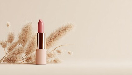 Light pink lipstick on beige background with pampas grass