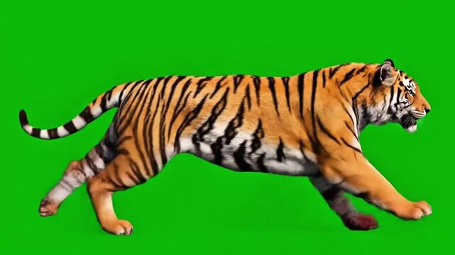 Tiger running on green screen background 
