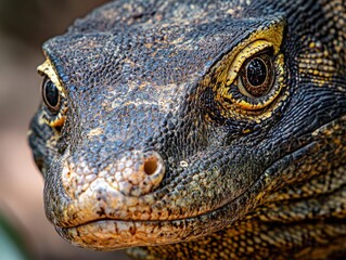 Close-up of a monitor lizard piercing eyes, reflecting the jungle environment