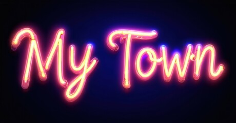 Bright neon sign displays text My Town. Pink, purple glow contrasts dark background. Script font creates vibrant visual impact.