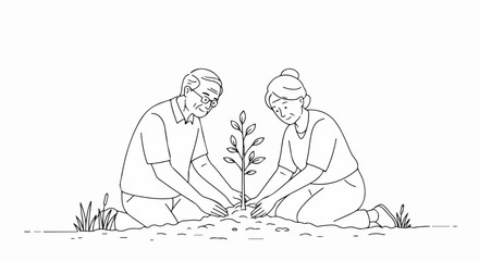 Planting tree together as an older couple plants sapling in soil, demonstrating ecological care. Planting tree as a couple together signifies environmental stewardship,
