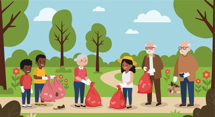 Community cleanup event, diverse group of volunteers collect trash in public park. Community cleanup involves collecting garbage and debris, reinforcing a commitment to environmental stewardship.
