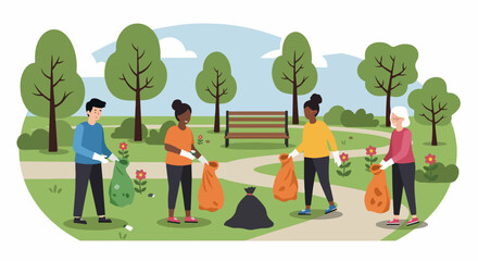 Volunteer park cleanup day shows diverse group collecting litter in bags. Community cleanup effort involves people gathering trash with bags in lush green park.