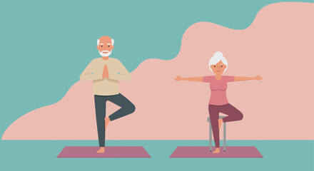 Naklejka premium Senior exercise demonstrated by elderly couple with yoga poses for balance and flexibility. Active senior exercise promotes physical health and mental well being,