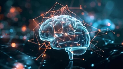 A holographic image of the brain with illuminated neural connections symbolizes innovation and science. It is useful for scientific publications, presentations on neurotechnology, artificial intellige
