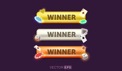 Winner frame label, button color set, night Vegas. Vector illustration