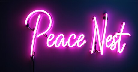 Bright pink neon sign displays cursive text Peace Nest against dark purple background. Simple design, modern aesthetic.