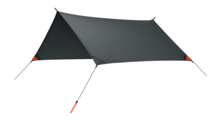 Convertible tarp tent with multiple configuration options and ground stakes for hiking adventures