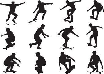 editable vector silhouettes of twelve skateboarders in action showcasing sports tricks and urban skateboarding movements