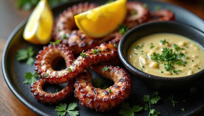 Delicious grilled octopus tentacles served with lemon slices, garlic aioli sauce. Flavorful seafood dish perfect for summer parties, Mediterranean cuisine, as healthy tapa. Culinary delight,