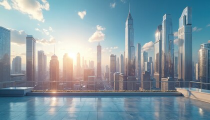 High-angle 3D render illustration of modern city skyline at sunset. Glass skyscrapers reflect warm light of setting sun, creating panoramic view of urban architecture and financial district.