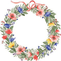 Fototapeta premium Watercolor floral wreath pattern hand-painted wildflowers and leaves with ribbon on white background for wallpaper and fabric. 