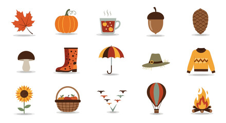 Vector Icons Set of Collection of colorful autumn season flat design icons and symbols. EPS Editable
