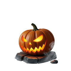 Spooky carved pumpkin with glowing eyes isolated on transparent background