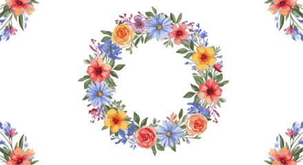 Watercolor floral wreath pattern hand-painted wildflowers and leaves with ribbon on white background for wallpaper and fabric.
