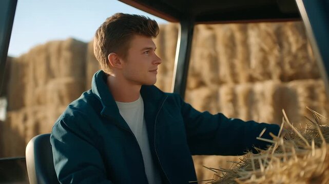 a farm road with tractors and crops cluttered with hay bales soft natural light from the sun a young man hauling natural poses as he drives detailed textures on the hay's stra