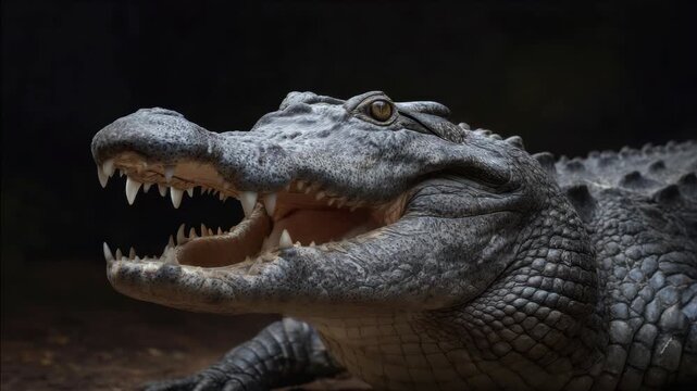 An open-mouthed alligator showing sharp teeth in a natural setting, likely a swamp.