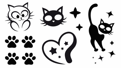 Charming collection of stylized cats, paw prints, and hearts with twinkling stars for playful designs