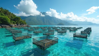 Aquaculture fish farm cages float on clear turquoise water near tropical coastline. Mountains form scenic background under sunny sky. Marine farming represents sustainable seafood industry,