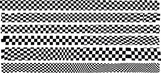 Dynamic checkered patterns transform with wavy, distorted effects for racing or abstract designs