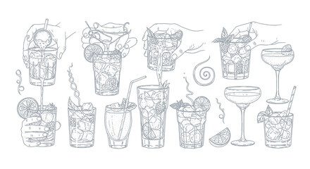 Vector Icons Set of Hand drawn sketch collection of various cocktail drinks. EPS Editable