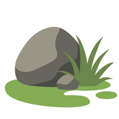 Rock with Grass Flat Vector Illustration on Green Ground