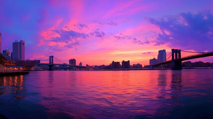 Vibrant sunset over New York City showcasing Brooklyn Bridge and Manhattan skyline during twilight hours