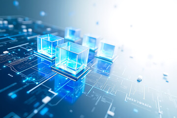 Futuristic Blue Glowing Blocks on Electronic Circuit Abstract Background