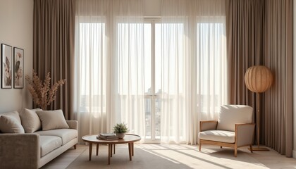 Neutral soft taupe curtains add warmth, understated modern elegance to sunlit living room. Sheer white drapes over large window diffuse daylight, creating serene atmosphere. Beige sofa, armchair,