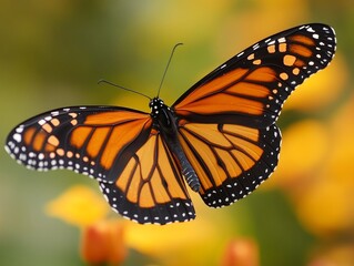 Close-up of a Monarch butterfly in mid-flight, its wings gracefully spread wide 