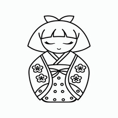 Cute Japanese Geisha Doll Coloring Page Outline Vector Illustration