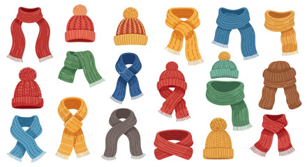 Vector Icons Set of Vector Set of Colorful Knitted Winter Hats and Scarves. EPS Editable