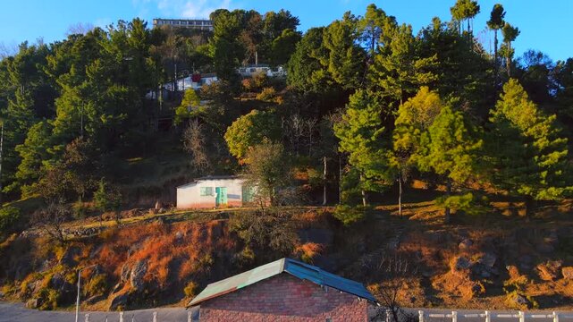 Aerial view of building with a green roof, road, and cars nestled amongst the verdant trees of the hill, Murree, Punjab, Pakistan.