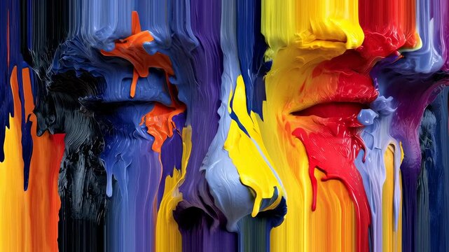 Abstract Expression of Dripping Paint on Faces in Vibrant Colors with Fluid Motion and Artistic Textures.Seamless animation loop concept