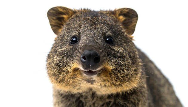 Quokka smiling at camera with fluffy brown fur against white backdrop