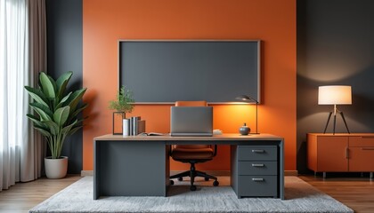 Modern office interior features grey desk with orange accents, contemporary furniture. Laptop sits on desk next to books, plant. Space includes comfortable chair, desk lamp, stylish side cabinet with