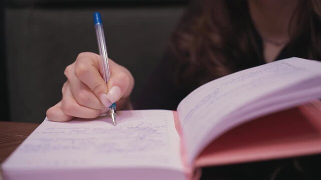 Close up of female hand holding blue pen writing in pink notebook with visible ink, soft lighting highlights fingertips and handwriting as she focuses in relaxed indoor setting, showing concentration