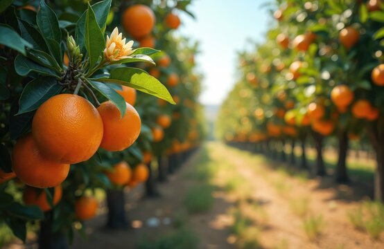 Sun-drenched citrus grove featuring ripe oranges and fragrant blossoms on branches. Rows of orange trees line rural dirt path under clear blue sky. Captures of harvest season and natural abundance.
